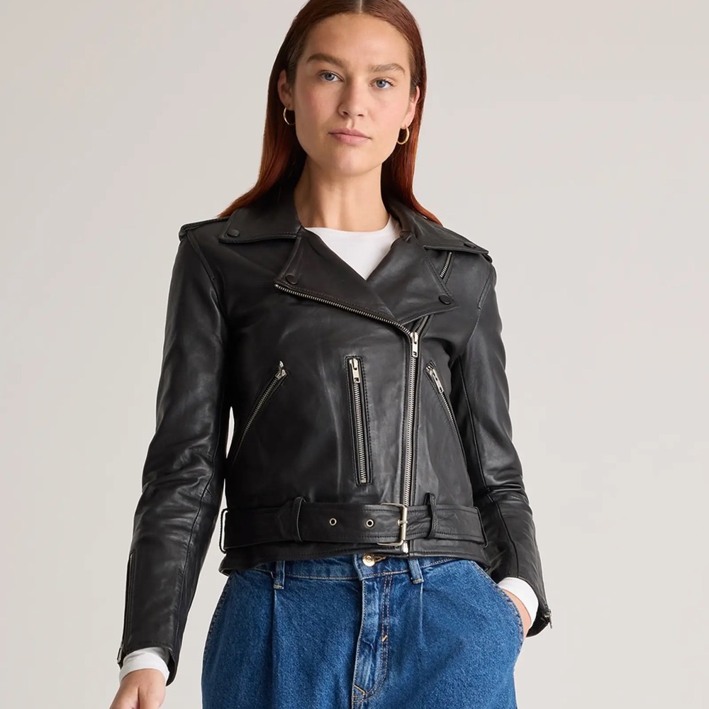 BNWOT Quince 100% black leather motorcycle jacket size XL